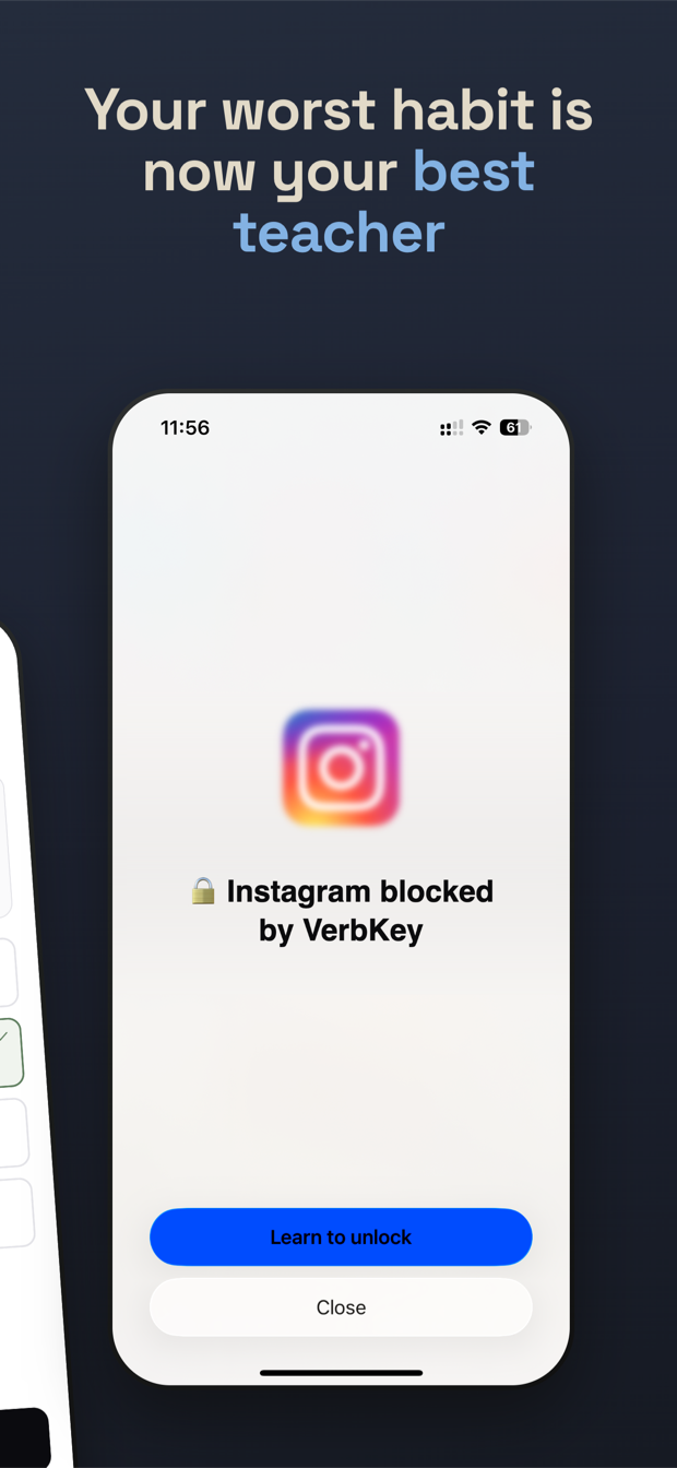 Instagram blocked by VerbKey, with a button to learn to unlock it.