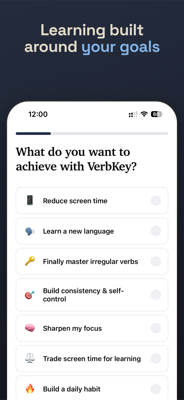 Onboarding question asking what you want to achieve with VerbKey.